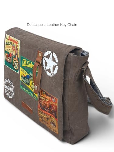 Image of The House of tara Distressed Cotton Canvas Messenger Bag for Men and Women | Printed Crossbody Sling Bag With Laptop Compartment (Upto 15.6 Inch), Broad Adjustable Straps (Acorn Brown)