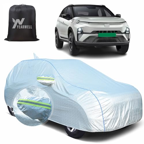 Image of Car Body Cover for Tata Nexon EV, 100% Waterproof, Heat-Resistant with Mirror & Antenna Pockets, Soft Cotton Lining, Triple Stitched, Piping & Reflector (Reflective Silver)