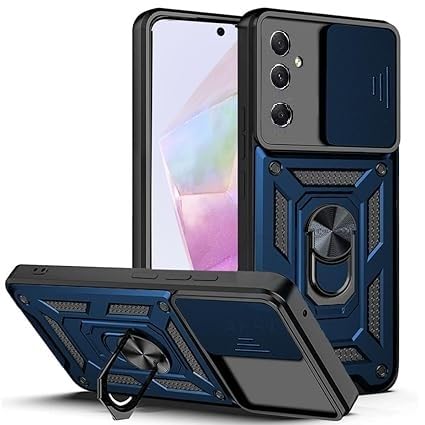 Image of SPAZY CASE Samsung Galaxy M36 5G Back Cover | Heavy Duty Hybrid Case with 360 Degree Rotating Finger Ring Holder + Slider Shutter Camera Protection Case for Samsung Galaxy M36 5G - Blue