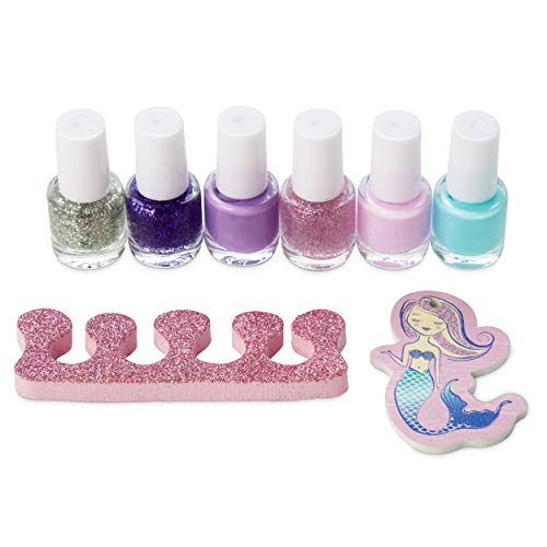 Simple Pleasures 9-Piece Nail Polish Kit with 6 Shimmering Nail Polish Shades, Glittery Toe Separator, Emery Board Nail File, and Mermaid Themed Clear Plastic Carry Pouch Purse with Zipper