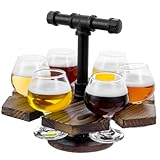 MyGift Solid Wood Serving Beer Whiskey Flight Set Tray with Industrial Black Metal Pipe Carrying Handle and 4 Small Snifter Style Tasting Beer Glasses (Burnt Wood & Black Metal)