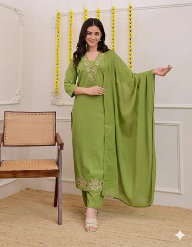 Image of Klosia Women Solid Embroidery Kurta and pant set With Dupatta