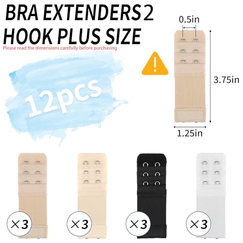 12 PCS Bra Extenders 2 Hooks, Bra Strap Extender, 2 Hook Bra Extenders for Women Elastic Extension Strap Plus Size2