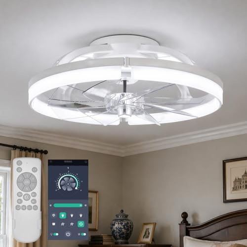Ceiling Fans with Lights, 20 Inch Low Profile Flush Mount Ceiling Fan, 3000K-6500K, Stepless Dimming Fan Light, 6 Speeds, Ceiling Fan with Air Circulation for Smaller Rooms, Remote Control with Timer