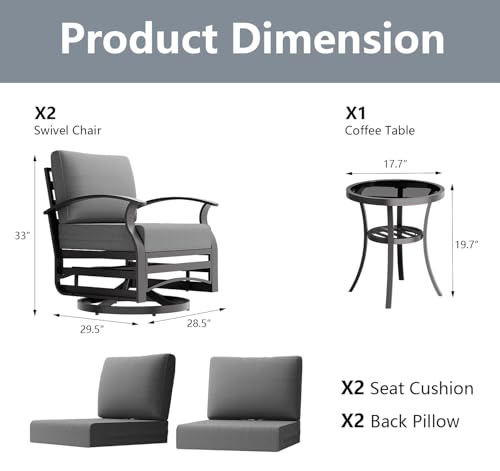 Image of Outdoor Patio Furniture Set, 3 Piece Aluminum Metal Chairs Swivel Rocker, Overstuffed Washable Cushions Bistro Set for Porch, Balcony, Deck, Garden Grey