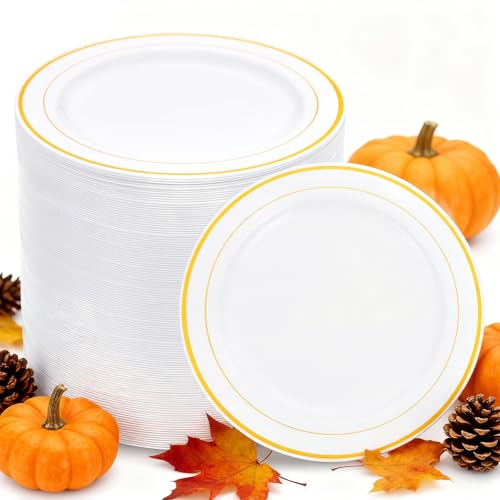 WELLIFE 144Pcs Gold Dessert Plates, 7.5 Inch Plastic Appetizer plates, Heavy Duty plastic Party Plates, White and Gold Plastic plate for Party and Wedding WELLIFE 144Pcs Gold Dessert Plates, 7.5 Inch Plastic Appetizer plates, Heavy Duty plastic Party Plates, White and Gold Plastic plate for Party and Wedding
