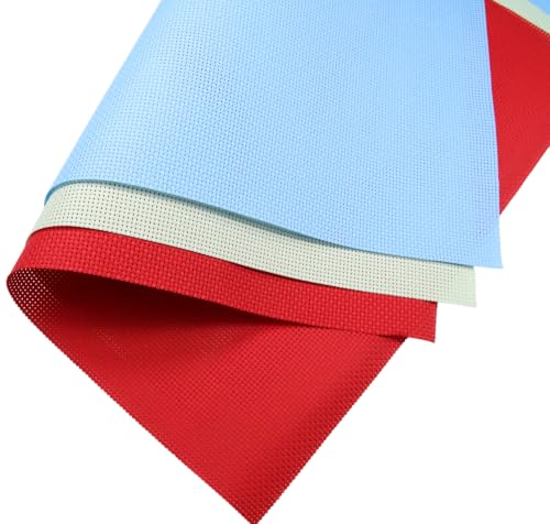 Image of KCS 3 pc of 15 inch x 18 inch(38cmx45cm) 11 Count Cross Stitch Cotton Aida Cloth Needlework Rolled Fabric Box,11CT,Light Blue+Light Green+Red