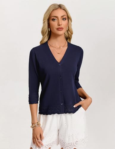 GRACE KARIN Cardigan Sweaters for Women Summer Lightweight Cardigans Womens 3/4 Sleeve Button Up Sweater(Navy Blue,Medium) — view 4