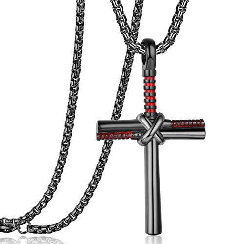 Stainless Steel Baseball Bat Nail Cross Pendant Necklace With 24 Inch Adjustable Black Chain for Boy Women Men