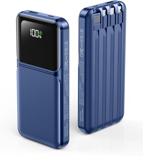 Power Bank Portable Charger with Built in Cable, 20000mah Battery Pack Blue
