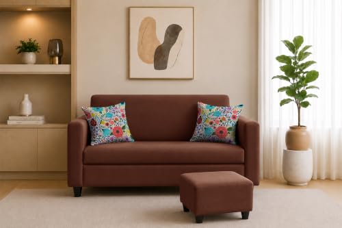Image of Rosebell 2 Seater Sofa with Ottoman | Living Room Couch | with Printed Cushions | Sofa for Home, Apartment & Office-Brown Color