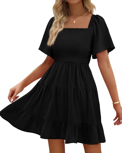 BTFBM Women's Summer Smocked Mini Dress Square Neck Flutter Sleeve Casual Ruffle Flared Swing Boho Beach Dresses Pockets(Black, X-Large)