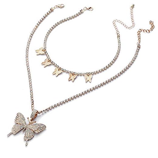 XY Fancy Butterfly Necklace Women Jewelry Sets Hip Hop Style Diamond-Mounted Double-Layer Choker