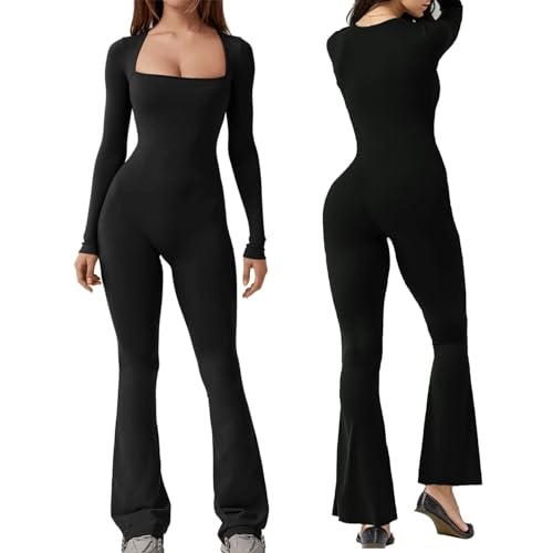 Långärmade Jumpsuits,Långärmad fyrkantig halsring i full längd | Träningspass, Dressy Höst Bred Ben Hellängd Romper för tonåringar och kvinnor Honhoha