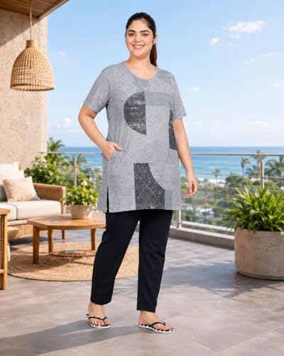 Image of In Love Women's All-Over Printed Cotton Plus Size Longline T-Shirt with Pockets