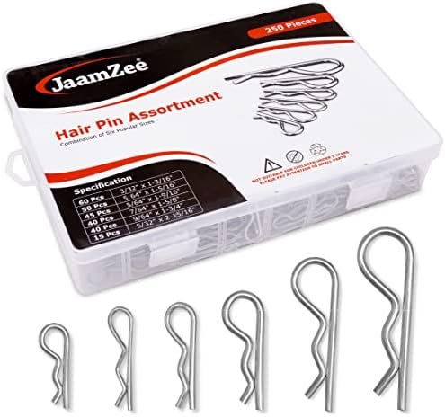 JaamZee Cotter Pins 250 Pcs r pins - Sturdy & Durable Alloy Steel - R- Shaped Heavy Duty Cotter Pin Assortment Kit in 6 Different Sizes - Perfect for Mechanics, Lawn Mowers, & RV Owners