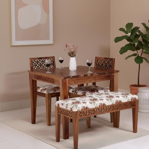 Image of RECTART Solid Wood Dining Table Set with Chairs for Living Room Home | Wooden Dining Room Sets Furniture for Hotels and Restaurants | (Natural Teak CNC, 4 Seater with Bench)