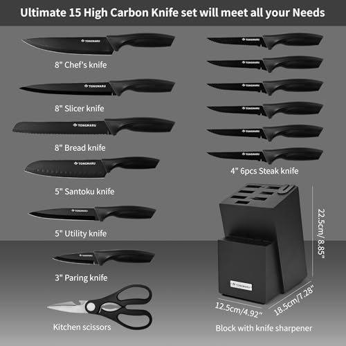 Knife Set with Sharpener – 15 pcs High Carbon Stainless Steel Knives Block Set, Stainless Steel Knife Set, Built-in Sharpener Kitchen Knife set, With Anti slip and Ergonomic Handles (Black) - Image 4