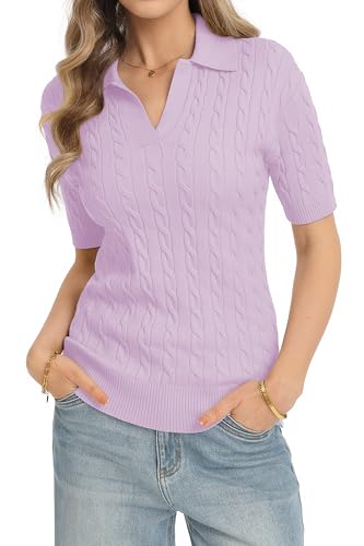 Image of QUALFORT Cable Knit Women's Short Sleeve Sweater Soft V Neck Polo Tops