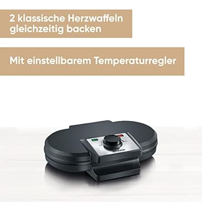 SEVERIN Duo-Waffeleisen, antihaftbeschichtetes Doppelwaffeleisen für zwei klassische Herzwaffeln, Herzwaffeleisen im Slim-Design, ca. 1.200 W Leistung, schwarz, WA 2106 – Bild 3