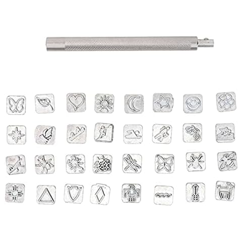 ViaGasaFamido Stamp Punch Set, 32PCS Cartoon Tierpflanze Leder Stamp Punch Set Leder Carft Stamping Arbeitssattel Herstellung Werkzeug zum Bedrucken von Kunststoff Handwerk Punziereisen Cover