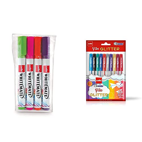 Image of Cello Whitemate Vivid Whiteboard Marker(4 Vivid Ink Colors - Orange, Magenta, Violet, Lime)| Stati Geltech Fun Glitter Gel Pen(Pack Of 10 Pens In Multicolour Ink)| Glitter Gel Pens For Art Lo