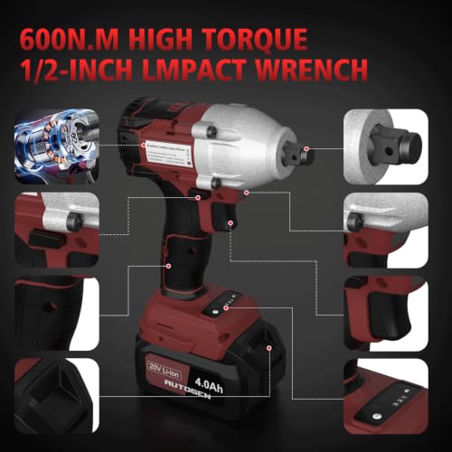 AUTOGEN Cordless impact Wrench. 443ft-lbs (600n.m) 1/2' brushless impact Wrench. 2100 rpm High Torque Impact Gun, 2 x 4.0 batteries, 6 sockets. 3 in 1 home tool, outdoor, DIY electric impact gun by AUTOGEN - Used condition - Image 6