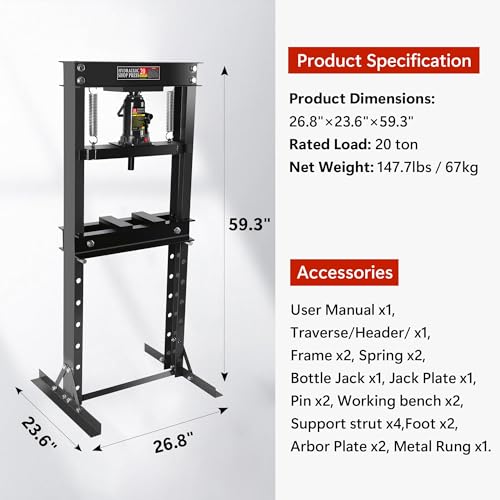 Image of 20 T Hydraulic Shop Press, h-Frame, 7-Hold Adjustable Height, with Movable Plates for Garage or Professional Users, Black