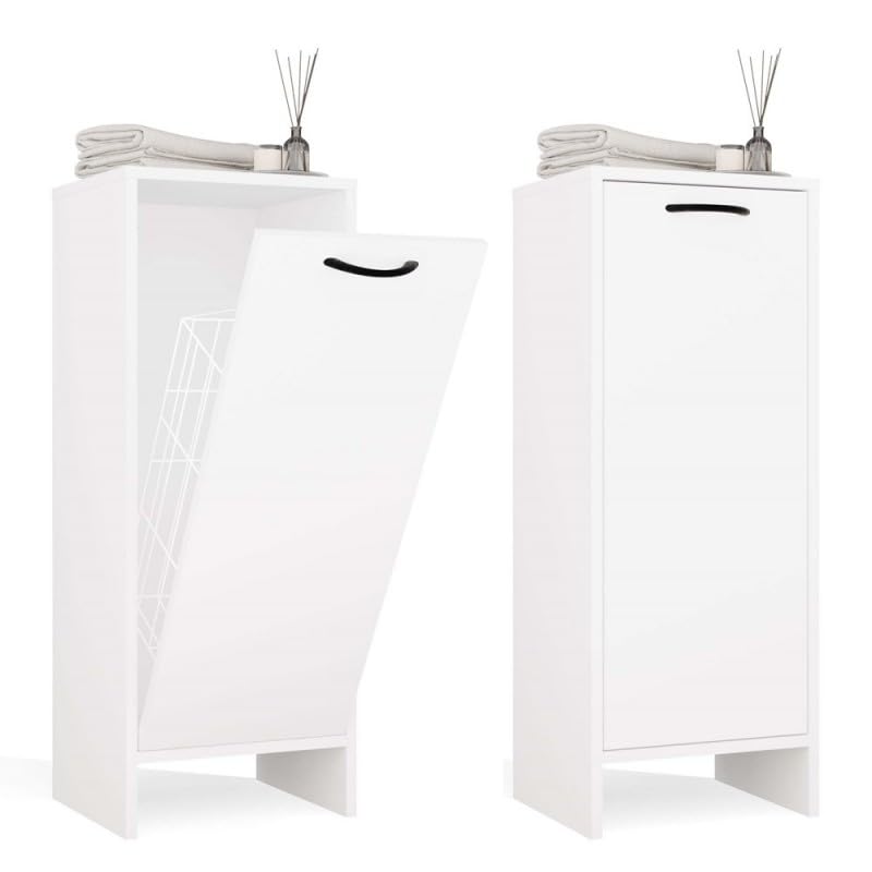 CDF Armario de baño Cesta para Ropa Sucia, Mueble de Almacenamiento Estrecho con Cesta Interior para lavandería, Armario de baño de pie con Puerta Oculta, Organizador para Ropa y Toallas, Blanco