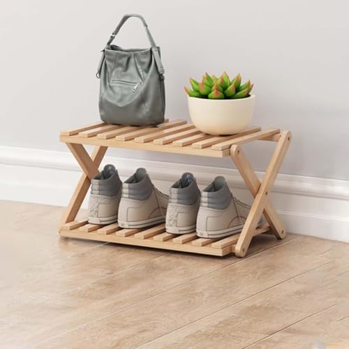 Glsety 2 Tier Bamboo Shoe Rack,Portable Folding Shoe Storage Rack,Without Installation Small Shoe Rack Perfect for Corridors, Bedrooms and Small Spaces (2 Tier)