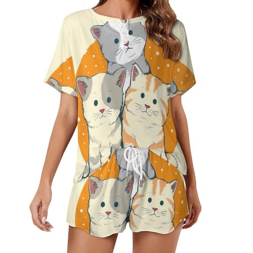 Ensemble de pyjama femme chat mignon en coton léger pour l'été