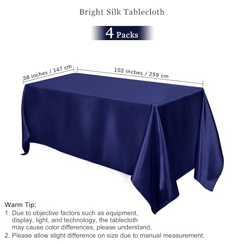 Image of TURSTIN 4 Pack Navy Blue Satin Tablecloth 102 x 58 Inch Overlay Table Cover