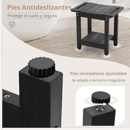 LUE BONA Taburete de Ducha HDPS, Asiento Impermeable con Estante para Baño, Banco Antideslizante para Interior y Exterior, Resistente al Clima, Negro - imagen 4