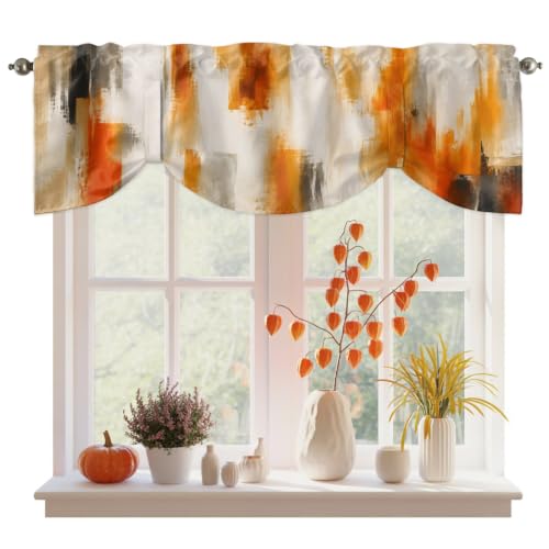 Red Orange Graffiti Tie Up Valances for Windows, Abstract Art Mottled Texture Oil Painting Rod Pocket Tie-up Valance Curtains, Adjustable Short Window Treatment for Kitchen Living Room 42"x12"