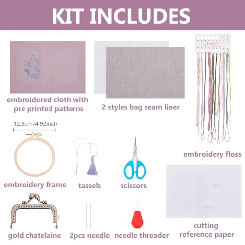 Image of ORIGACH DIY Flower Embroidery Coin Purse Kits Kiss Clasp Lock Bag Embroidery Kit Sewing Handbags Change Purse Set for Beginner with All Supplies