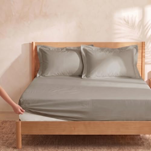 Image of Huesland 300 TC Premium 100% Pure Cotton Luxe Soft Touch Fitted Single Size Bedsheet Cotton with 2 Pillow Covers | Vintage Khaki | 36 x 78 Inches