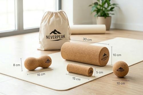 NEVERPEAK Faszienrollen-Set aus Kork – 4-teilig mit Duoball, Faszienrolle, Massageball & Fußrolle – natürlich, antibakteriell & tragbar – ideal für Triggerpunktmassage & Muskelregeneration