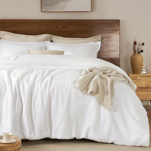 Image of PHF Cotton Muslin Comforter Set King Size, Ultra Soft, Breathable & Lightweight All-Season Bedding, Filling: 100% Polyester, 3 Pieces with 1 Comforter 104"x90" and 2 Pillow Shams 20"x36", White