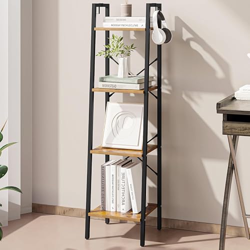 Hzuaneri Ladder Shelf, Bookshelf Bookcase, Freestanding Corner Storage Shelve with 2 Hooks for Home Office, Living Room, Kitchen, Bedroom, Industrial, 4-Tier Rustic Brown BC13201B