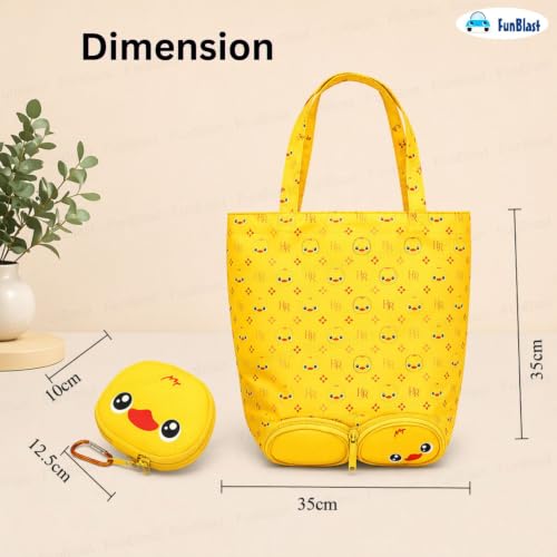 Image of FunBlast Foldable Shopping Bag - Cartoon Design Carry Bag with Zipper Pouch, Foldable Tote Bag for Girls & Women, Multipurpose Reusable Pouch Bags, Lightweight Travel Handbag with Handle Strap (Duck)