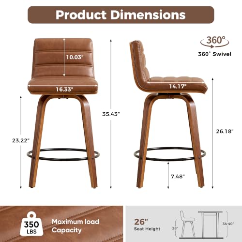 Image of Swivel Bar Stools Set of 3,26 inch Faux Leather Counter Height Barstools with Back,Mid Century Modern Upholstered Bar Chairs with Bentwood Legs Island Stools for Kitchen Counter Brown