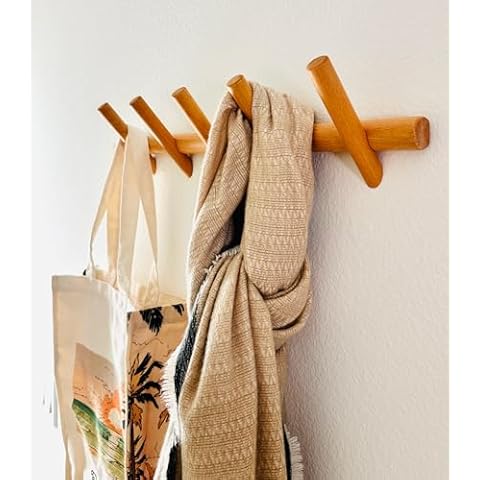 Flynt Ave. Modern 5-Hook Wooden Coat Rack, Decorative Wall Hooks for Bags Purse, Heavy Duty, Sturdy, Natural Oak, Easy to Install Holds up to 7lbs for Each Hook, Wall Mounted Hooks Cover