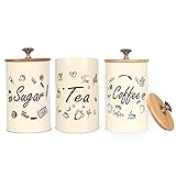 Kitchen Food Storage Metal Canister, Airtight Container Jars with Bamboo Lids, Set of 3 Creamy-yellow Rustic Canisters Sets, Farmhouse Country Decor Containers for Sugar Coffee Tea Storage 31.75FL OZ (902 ML)