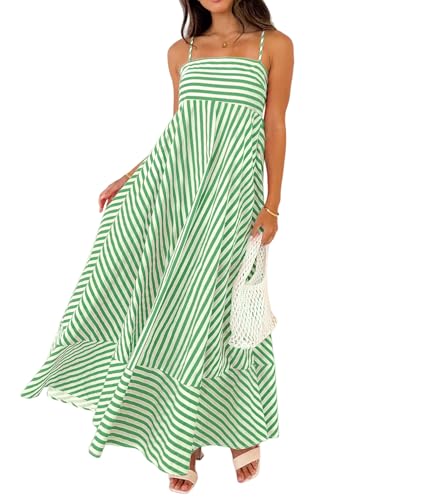 Image of NUFIWI Women Summer Striped Maxi Dress Spaghetti Strap Cutout Ruffle Long Dress Flowy Swing Beach Vocation Dress