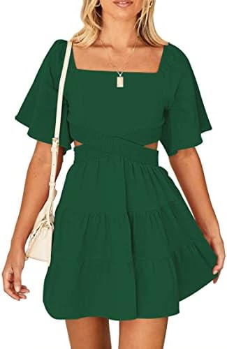 Women's Summer Dresses Square Neck Casual Short Sleeves Crossover Elastic Waist Party Mini Dress Dark Green XL