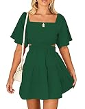 Women's Summer Dresses Square Neck Casual Short Sleeves Crossover Elastic Waist Party Mini Dress Dar