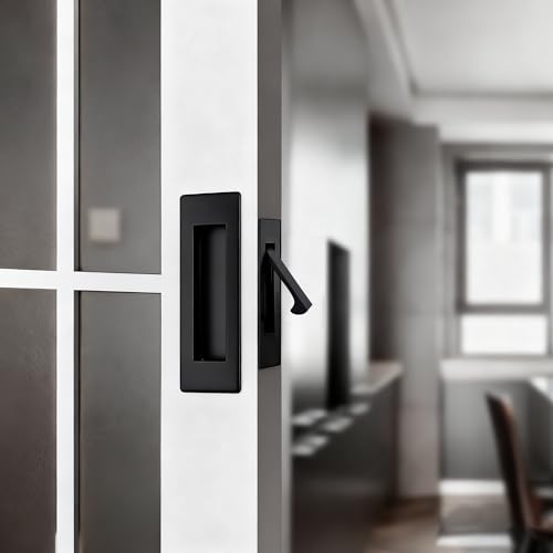 Manijas empotradas para puertas correderas de bolsillo negras, tiradores recessed para puertas | Manija de acero inoxidable montada al ras, tiradores modernos para gabinetes, baño, balcón, oficina y puertas de granero miniatura 4