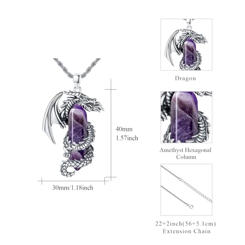 Dragon Necklace for Men Malachite/Obsidian/Amethyst/Lapis Lazuli/Tiger Eye/White Crystal Fire-breathing Dragon Pendant Sterling Silver Medieval Mythic Totem Chain Vintage Animal Jewelry Gifts3