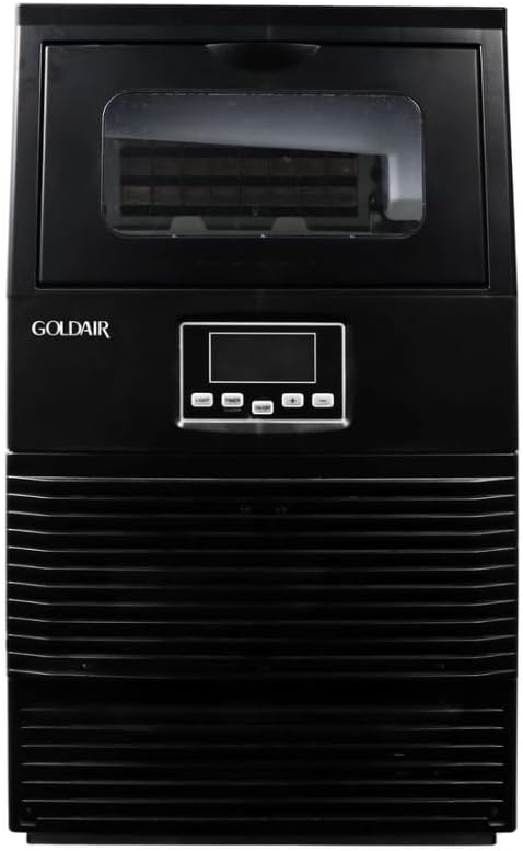 Depan view of the Goldair GIM-30 Ice Maker with the Goldair logo visible, control panel, and ice viewtetingkap masuk.