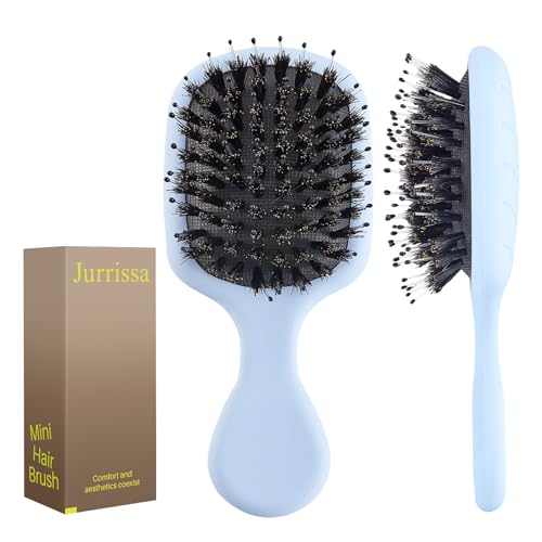 Jurrissa Mini Boar Bristles Hair Bursh, Travel Size Hair Brush for Women Men Kids, Protable Small Hair Brush for Pockets Purses, Mini Detangler Brush for Smooth Add Shine(Blue)